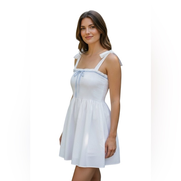 Altar'd State Dresses & Skirts - Altar’d State Cottagecore White w/ Blue Detail Summer Mini Dress Tie Straps XL